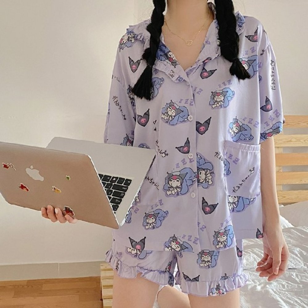 Sanrio Kuromi Women's Pajamas Purple Top & Shorts with Gathered Ruffle Detail